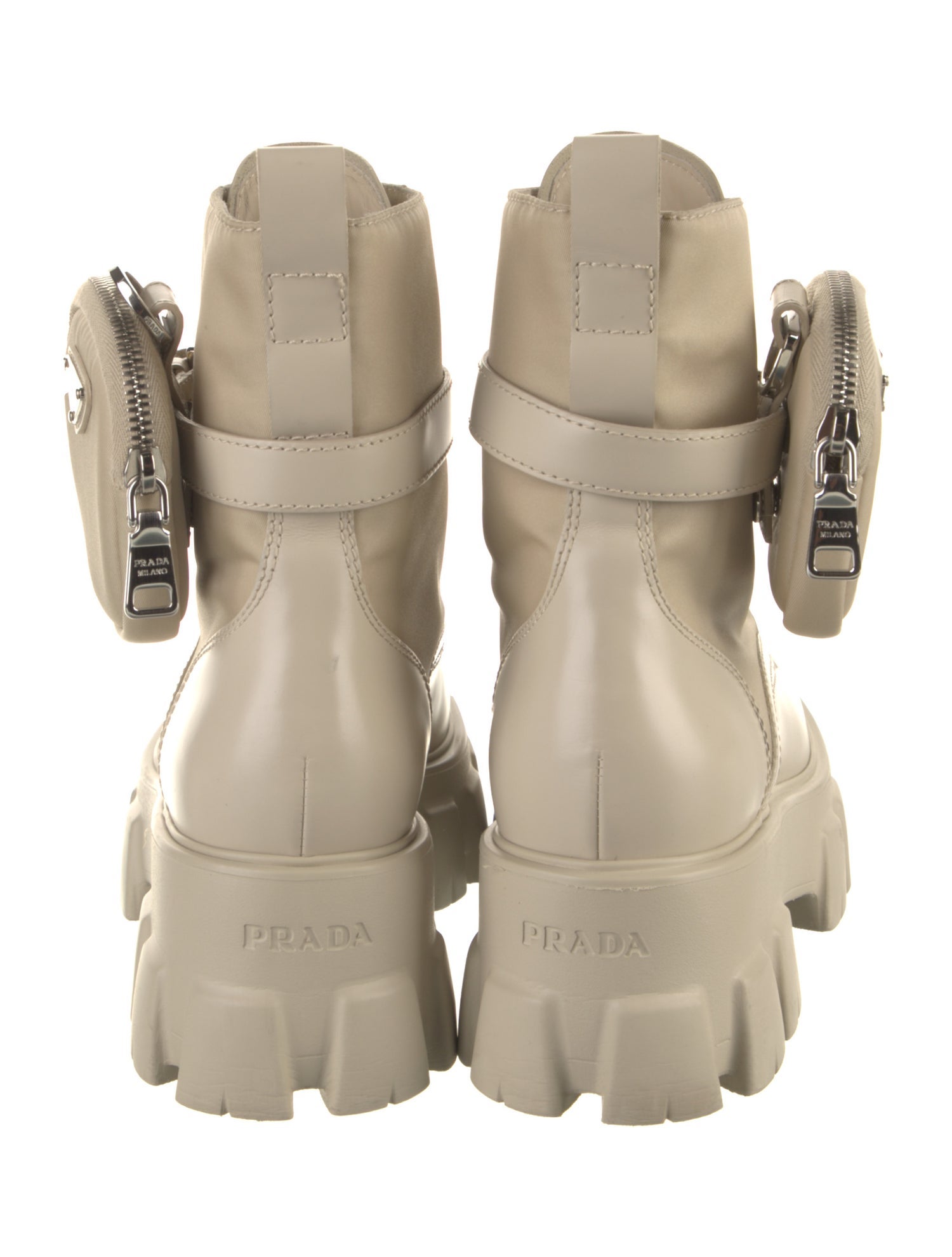 Prada Enameled Metal Triangle Leather Combat Boots